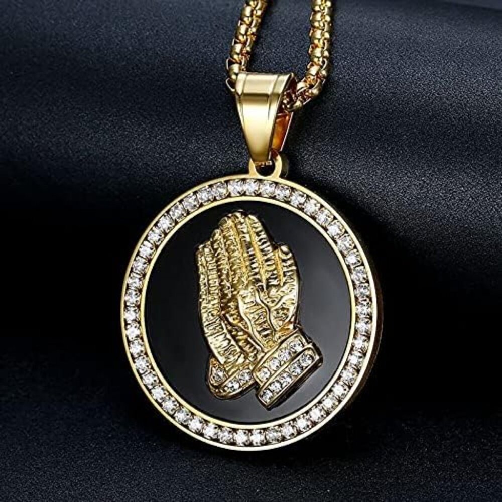 Hip Hop Iced Out Praying Hand Pendant With Mens Chain Gold Color Stainless Steel - Picture 2 of 4